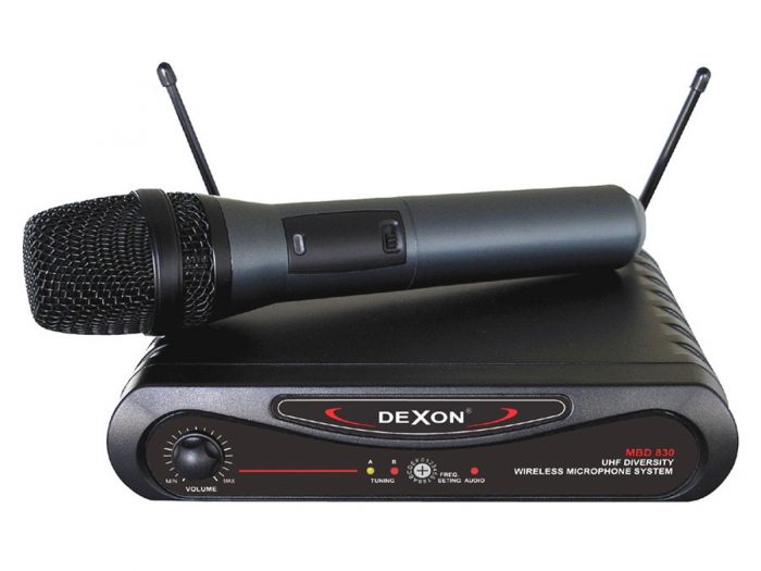Zestaw nagłaśniający z mikrofonem bezprzewodowym Dexon – 4 x SPC-12 + PMS 208 + MBD 830 11