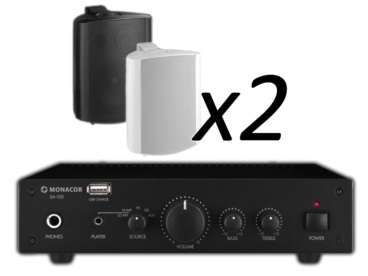sa-100 + mks-64 Monacor SA-100 + MKS-64 x2 - Nagłośnienie naścienne do 30m2 - obrazek 1