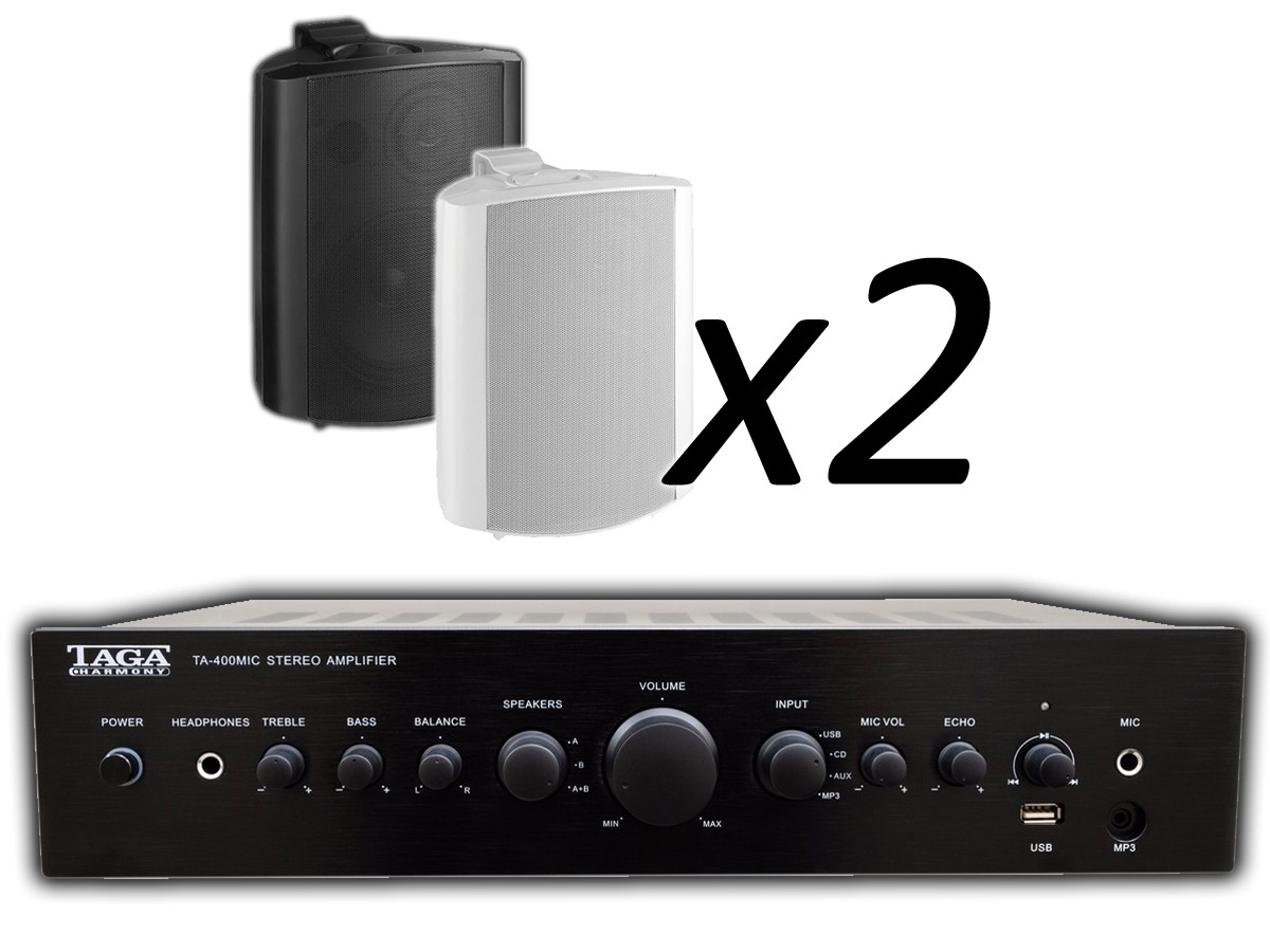 ta-400 + mks-64 TAGA Harmony TA-400MIC + Monacor MKS-64 x2 - Nagłośnienie naścienne do 30m2 - obrazek 1