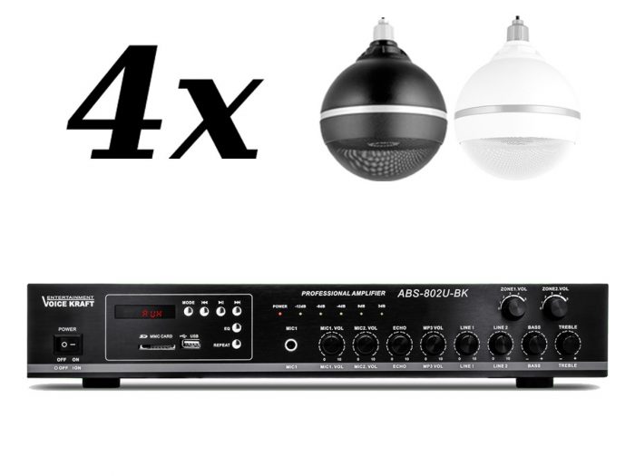 4x VOICE KRAFT QC-B6 + VOICE KRAFT ABS-802U – nagłośnienie naścienne do 60m2 8