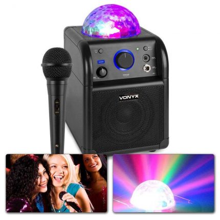 Głośnik karaoke w kolorze czarnym z kulą LED.