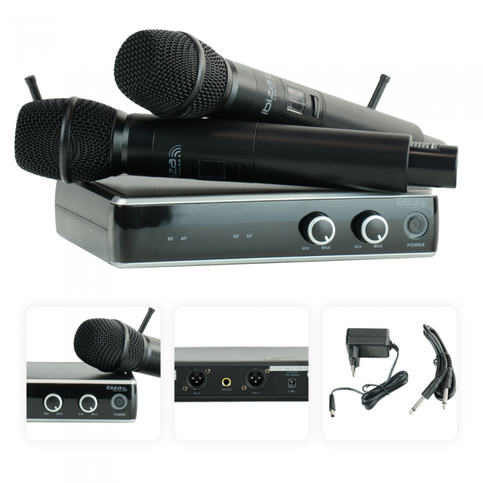 Ibiza Sound – Zestaw mikrofonów bezprzewodowych do ręki UHF+ odbiornik 863.9 & 864.9MHZ 12