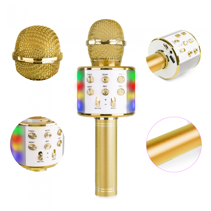 MAX – Mikrofon karaoke z głośnikami BT MP3 MAX efekt LED złoty 13