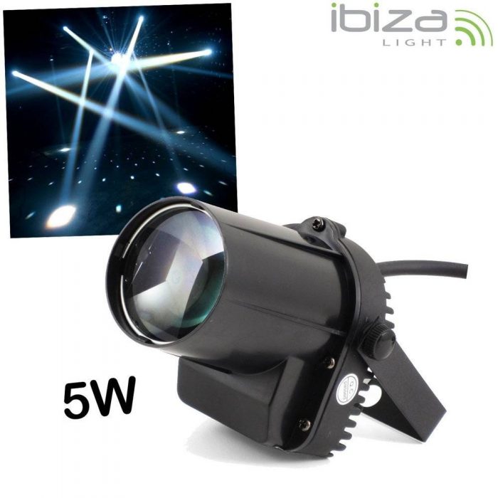 Mały i mocny reflektor Pinspot Ibiza LEDSPOT5 5W do oświetlania kul dyskotekowych.