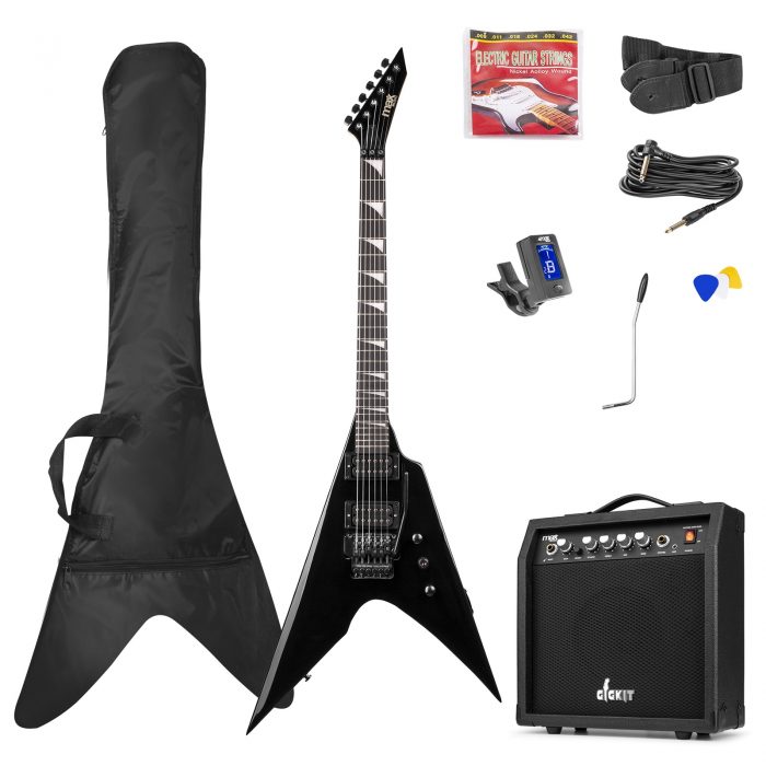 MAX – Zestaw: Gitara elektryczna GigKit czarna+ wzmacniacz tuner pokrowiec kostki struny 8